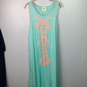 NWT Z&L Aqua Embroidered Racer Back Maxi Dress